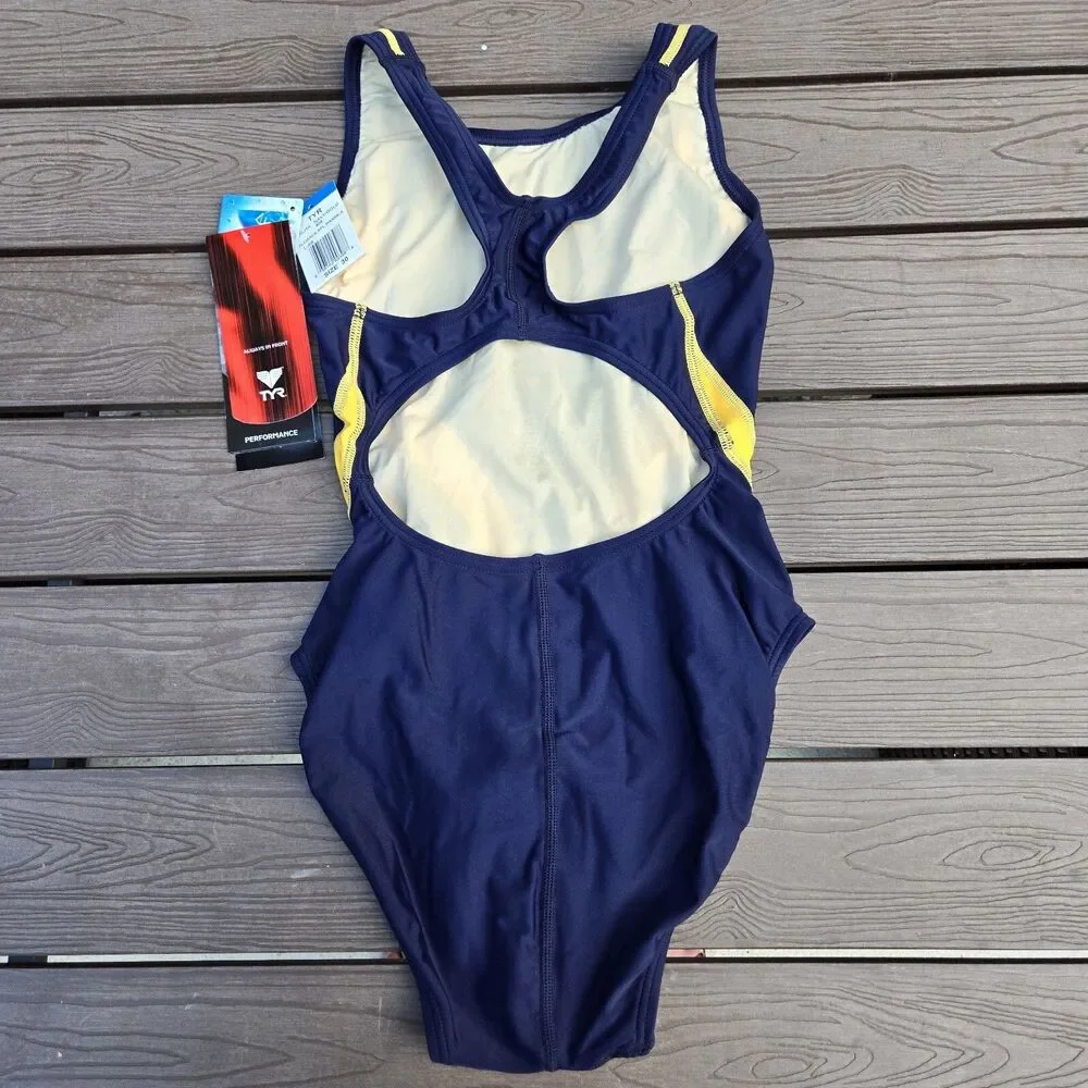 TYR Durafast Women Alliance Splice Maxfit 1 pc Swimsuit Navy/gold Sz 30  NEW